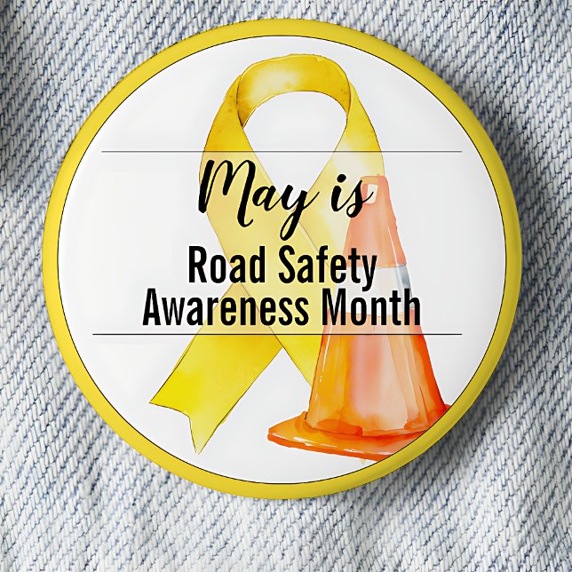Maj - månatliga höjdpunkter för trafiksäkerhet knapp (May is Road Safety Awareness Month pinback button. Yellow awareness ribbon.)
