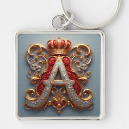 Majestätig utsmyckad bokstav A med krona Fyrkantig Silverfärgad Nyckelring