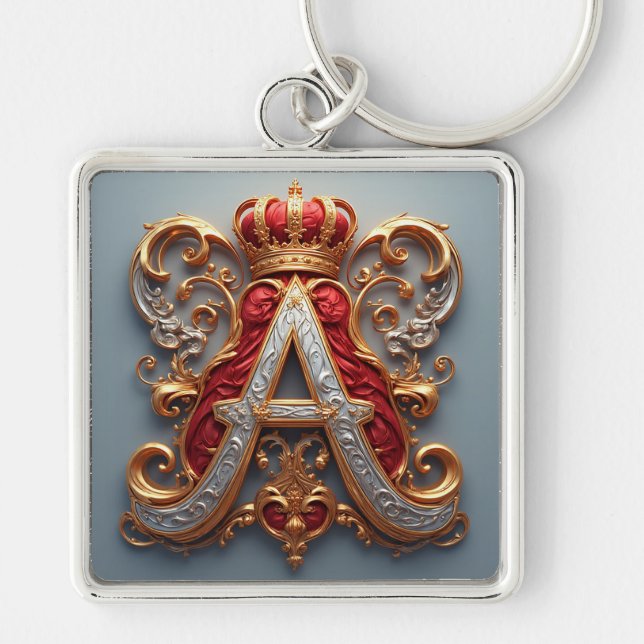 Majestätig utsmyckad bokstav A med krona Fyrkantig Silverfärgad Nyckelring (Framsidan)