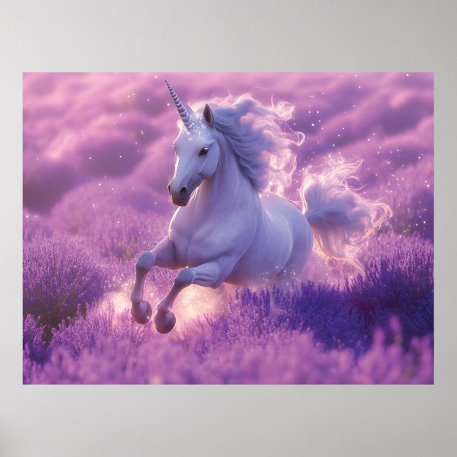 Majestätig vit enhörning galopperar genom lavendel poster (Framsidan)