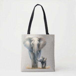 Majestätisk afrikansk elefant och unge i akvarell tygkasse