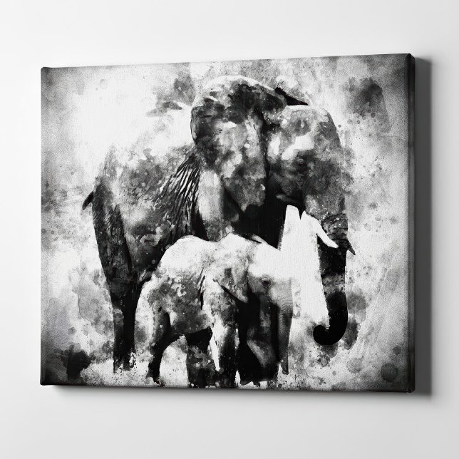 Majestätisk afrikansk elefanthona med kalv B&W Canvastryck (Majestic Female African Elephant with Calf B&W. Canvas Print)