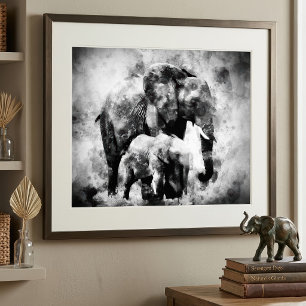 Majestätisk afrikansk elefanthona med kalv B&W Fototryck