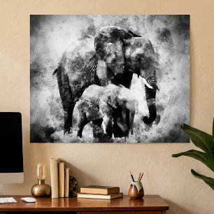 Majestätisk afrikansk elefanthona med kalv B&W Poster