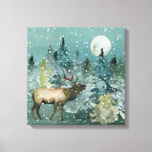 Majestätisk älg i skog med fullmåne och snöfall canvastryck (Framsida)