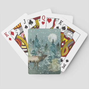 Majestätisk älg i skog med fullmåne och snöfall casinokort