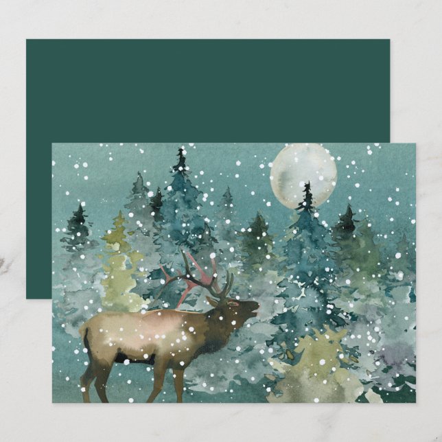 Majestätisk älg i skog med fullmåne och snöfall julkort (Fram/baksida)