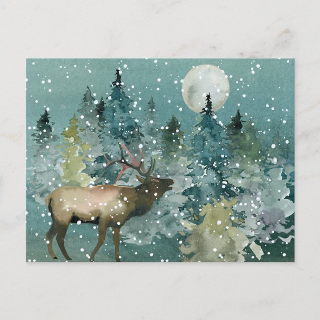 Majestätisk älg i skog med fullmåne och snöfall vykort (Framsida)