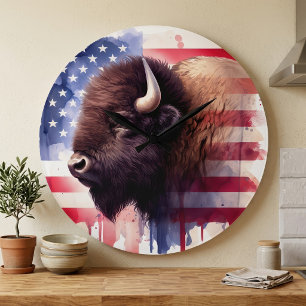 Majestätisk Amerikansk Bison & Patriotisk Flagg Ko Stor Klocka