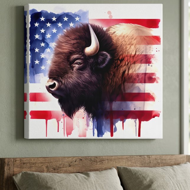 Majestätisk Amerikansk Bison & Patriotisk Flaggkon Canvastryck (Majestic American Bison & Patriotic Flag Artwork. Canvas Print)