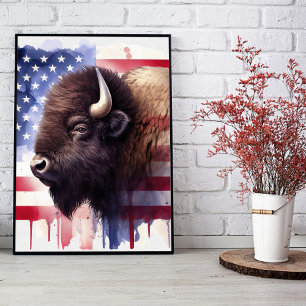 Majestätisk Amerikansk Bison & Patriotisk Flaggkon Fototryck