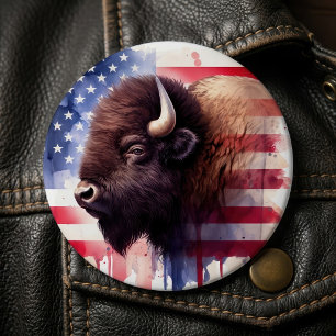 Majestätisk Amerikansk Bison & Patriotisk Flaggkon Knapp