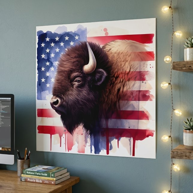 Majestätisk Amerikansk Bison & Patriotisk Flaggkon Poster (Majestic American Bison & Patriotic Flag Artwork. Poster)