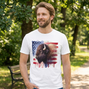 Majestätisk Amerikansk Bison & Patriotisk Flaggkon T Shirt