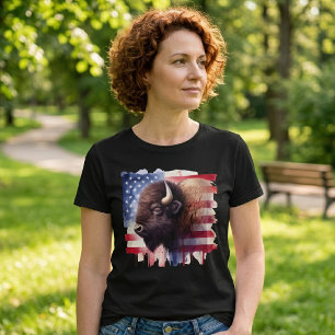 Majestätisk Amerikansk Bison & Patriotisk Flaggkon T Shirt