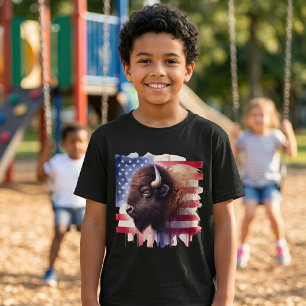 Majestätisk Amerikansk Bison & Patriotisk Flaggkon T Shirt