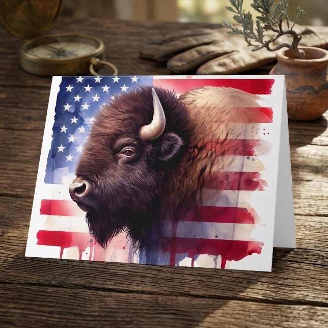 Majestätisk Amerikansk Bison & Patriotisk Flaggkon Tack Kort (Majestic American Bison & Patriotic Flag Artwork. Thank You Card)