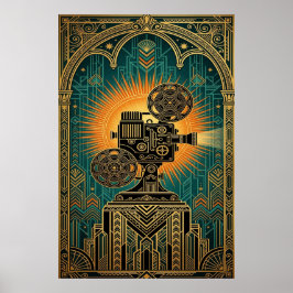 Majestätisk Art Deco Vintage Filmprojektor Guld Poster
