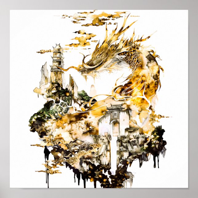 Majestätisk asiatisk mytologi Draktempel Fantasy  Poster (Framsidan)