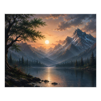Majestätisk Bergsjösolnedgång Canvas Väggkonst Fototryck