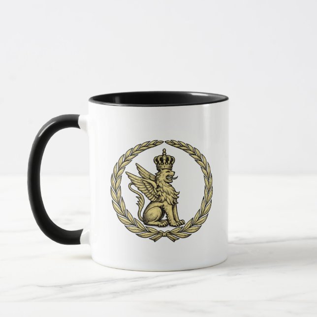 Majestätisk bevingad lejon heraldisk vapensköld gu mugg (Vänster)