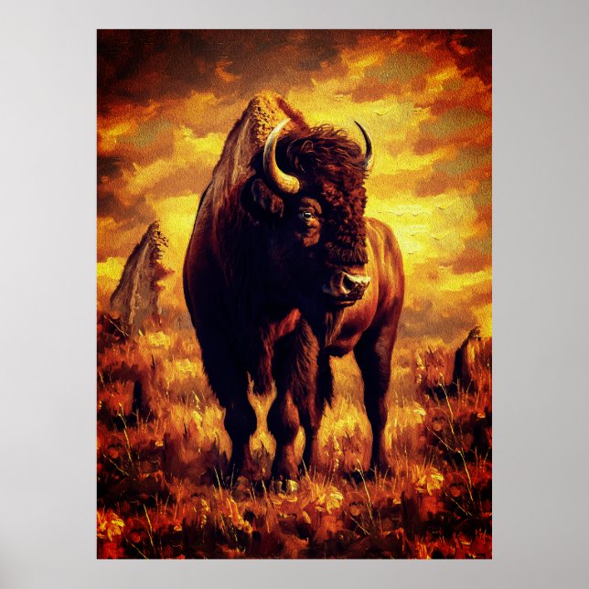 Majestätisk Bison Oljemålning – Vild Prairie Solne Poster (Framsidan)