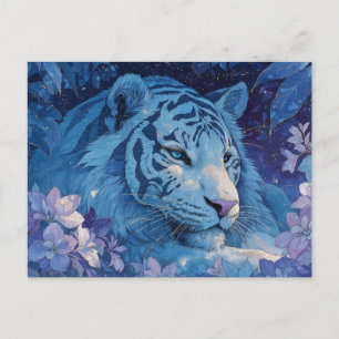 Majestätisk blå tiger i lila blomsterträdgård vykort