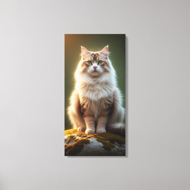 Majestätisk Fluffig Katt – Fridfull Katt med Gröna Canvastryck (Framsida)