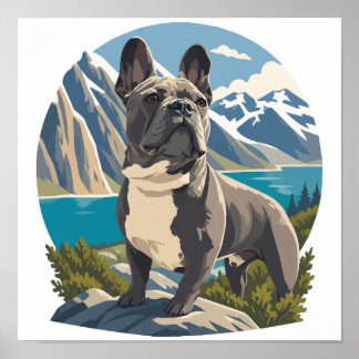 Majestätisk fransk bulldogg äventyr vid bergssjö poster