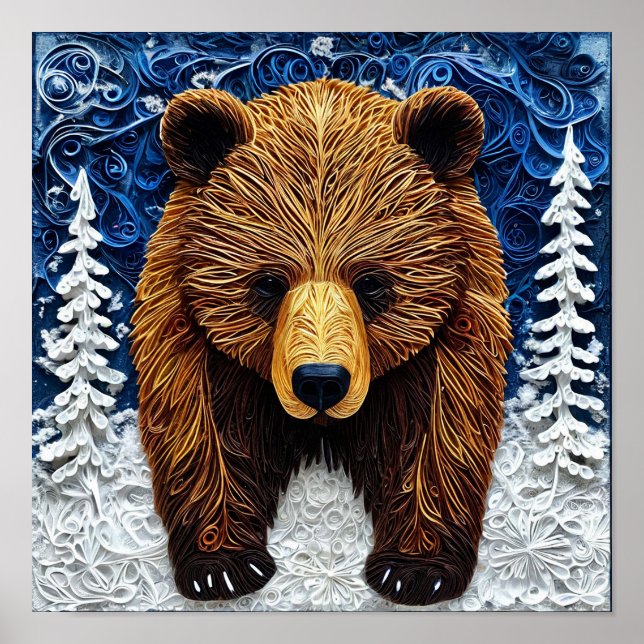 🐻 Majestätisk Grizzlybjörn Skulptur Konst Glöd ✨ Poster (Framsidan)