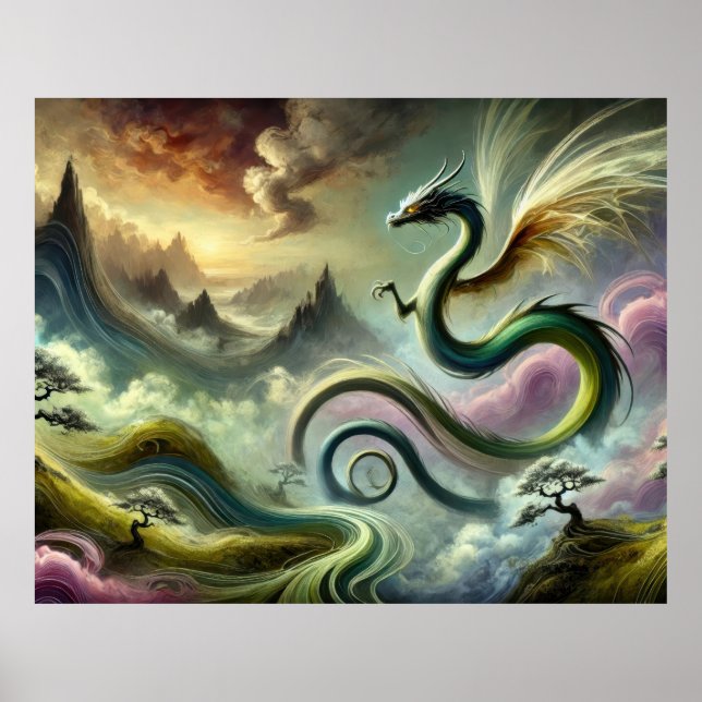 Majestätisk himmelsdrake över fantasiberg poster (Framsidan)