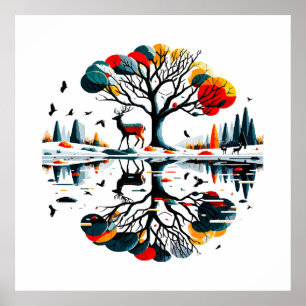 Majestätisk hjort i snöig vinter skog poster