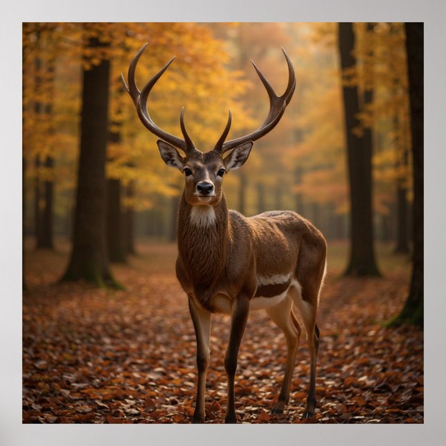 Majestätisk hjort  poster (Notice the intricate details of its antlers and the vibrant colors of the fallen leaves.  )