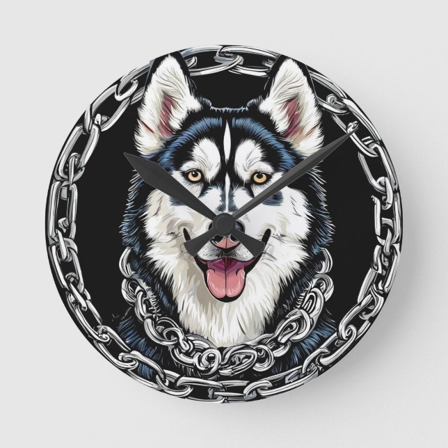 Majestätisk Husky Hund med djärva färger Rund Klocka (Framsida)