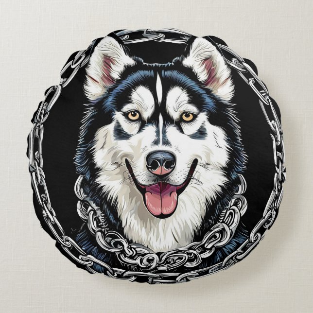 Majestätisk Husky Hund med djärva färger Rund Kudde (Framsidan)