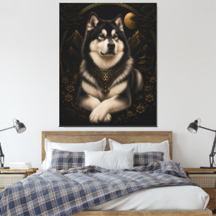 Majestätisk Husky Månljust Guld Ram Konst Lyx B Canvastryck