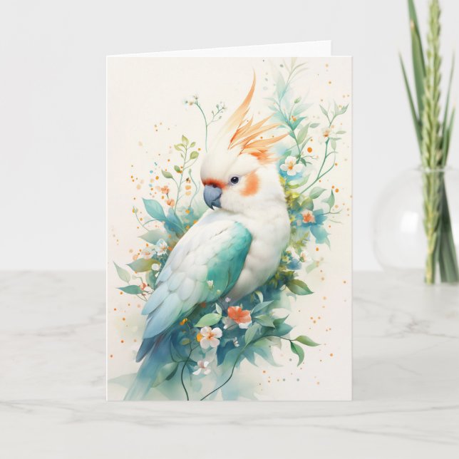 Majestätisk kakadua i blomsteromfamning kort (Framsida)