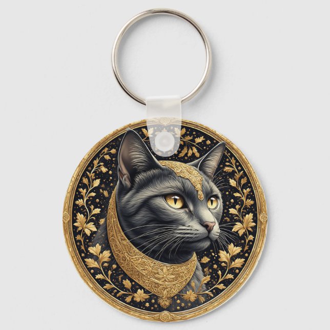 Majestätisk katt med utsmyckade blomgulddekor nyckelring (Framsida)