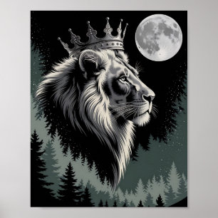 Majestätisk Kronad Lejon Måne Skog Poster