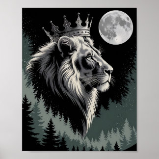 Majestätisk Kronad Lejon Måne Skog Poster