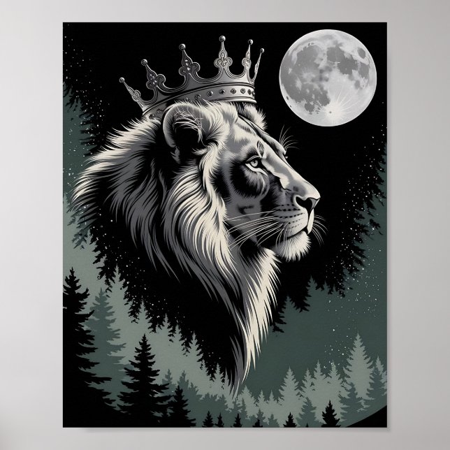Majestätisk Kronad Lejon Måne Skog Poster (Framsidan)