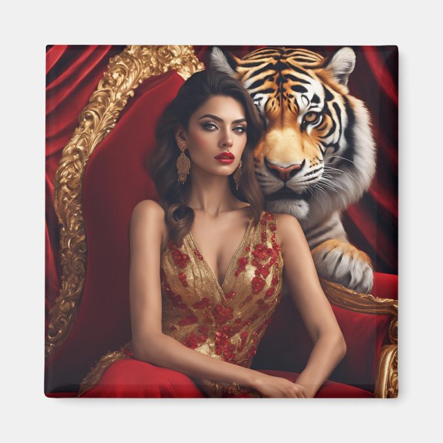 Majestätisk kvinna med tiger | Lyx Styrka Vägg A Magnet (Framsidan)