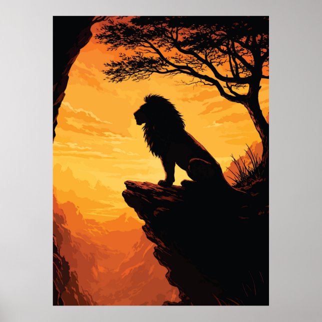 Majestätisk Lejon Siluett Solnedgång Klippa Träd Poster (Framsidan)