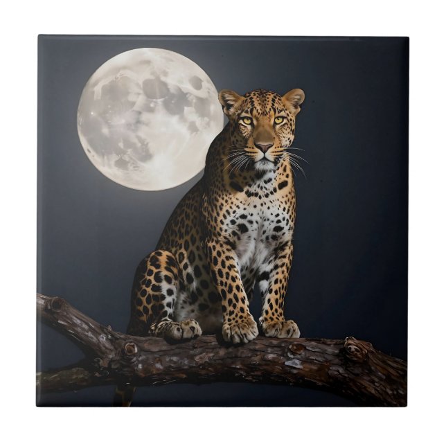 Majestätisk leopard och fullmåne   kakelplatta (Framsidan)