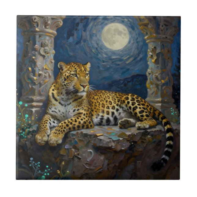 Majestätisk leopard på klipphylla  kakelplatta (Framsidan)