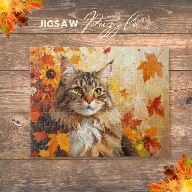 Majestätisk Maine Coon med höstlöv och solros Pussel (Majestic Maine Coon with Fall Leaves and Sunflower Jigsaw Puzzle)