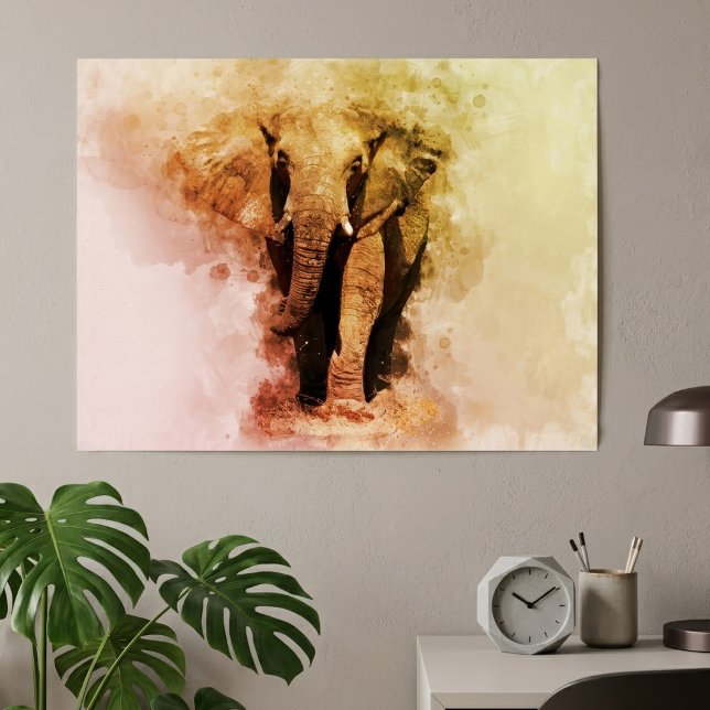 Majestätisk manlig afrikansk elefant gående akvare poster (Majestic Male African Elephant Walking Watercolor. Poster)