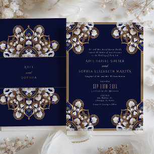 Majestätisk Midnatt Blå och Guld Blommig Bröllop Inbjudningar
