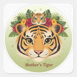 Majestätisk Mor Tiger och Unge Blommig Klistermärk Fyrkantigt Klistermärke