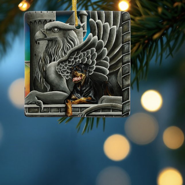 Majestätisk Mörk Fantasy Rottweiler Gargoyle Borg Julgransprydnad Keramik (Skapare uppladdad)